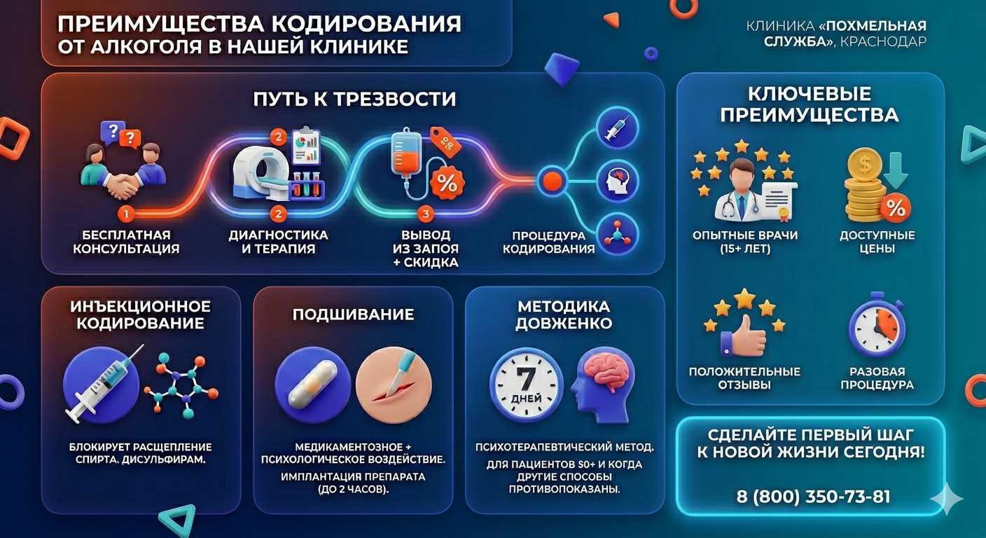 Инфографика о методах кодирования от алкоголя в Дудинке: инъекции, подшивание, метод Довженко. Преимущества клиники и этапы лечения.