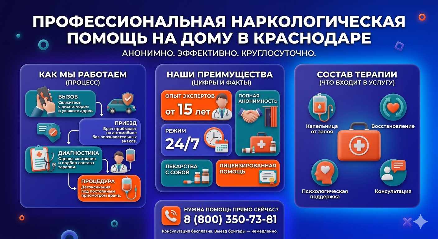Инфографика о принципах лечения алкоголизма на дому в Дудинке: этапы вызова нарколога, преимущества анонимной детоксикации и состав медицинской помощи.
